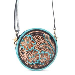 NWT Round Leather Hand Tooled Handbag.
